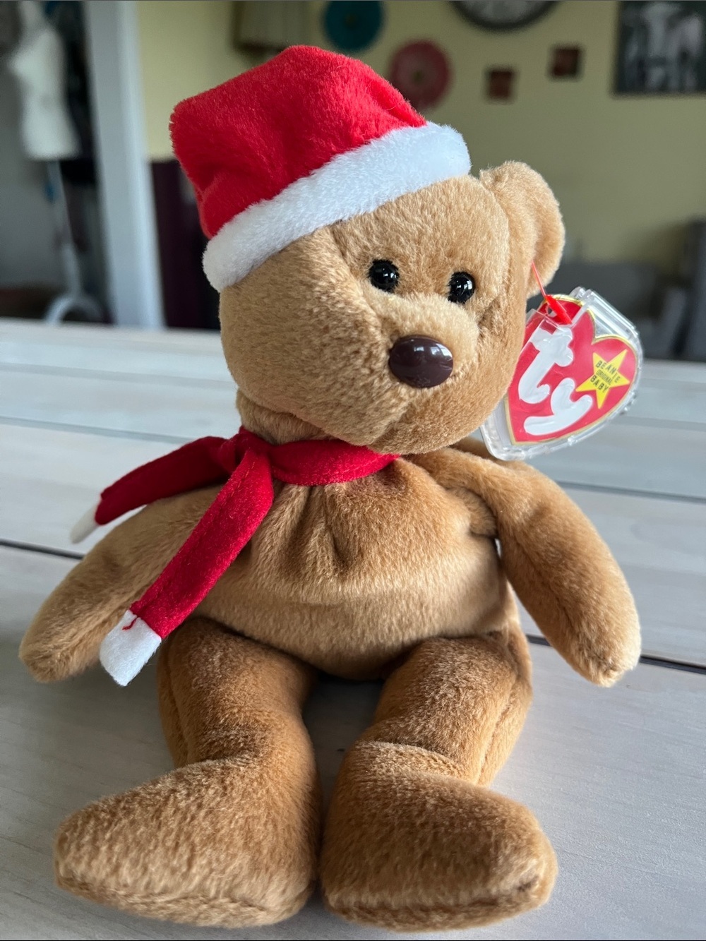 Ty 1997 Teddy - Beanie Baby Brown Bear Plush with Red Santa Hat and Red Scarf